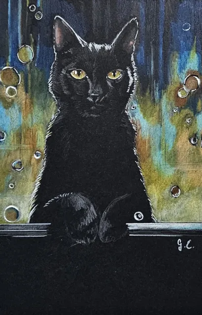 Schwarze Katze mit Buntstiften gezeichnet