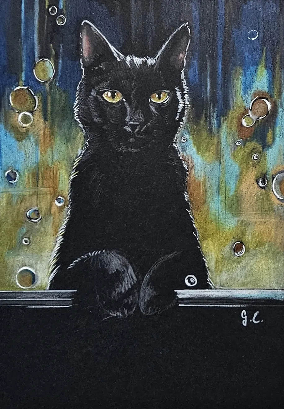 Schwarze Katze mit Buntstiften gezeichnet